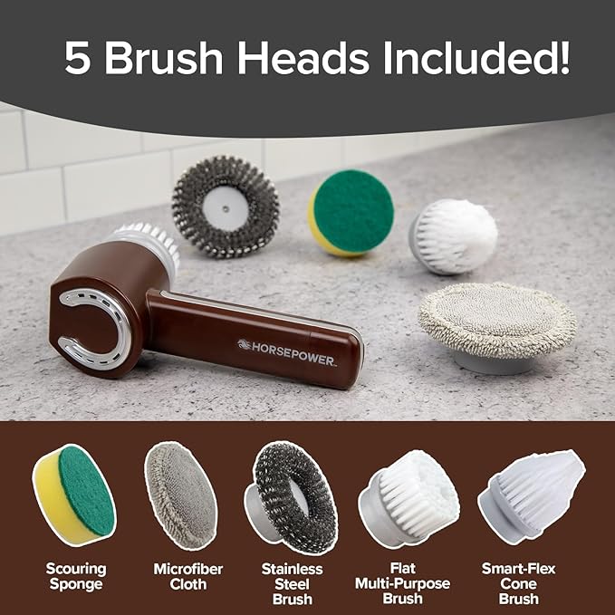 Horsepower Scrubber, Waterproof, Electric Power, Spins 350 RPM, 5 Brush Heads, AS SEEN ON TV, Cleans Dirt & Grime, Tile, Grout, Bathrooms, Kitchen, Auto Rims, Outdoor Furniture & More, Rechargeable