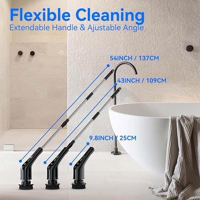 Electric Spin Scrubber,Bathroom Cleaning Brush with Long Handle 8 Replaceable Brush Heads, 2 Adjustable Speeds, Cordless Power Cleaning Brushes for Bathtub Grout Tile Floor
