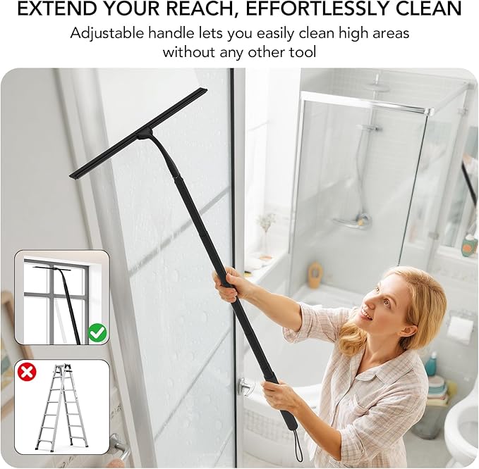 Shower Squeegee for Glass Doors, 15-51" Telescopic Shower Squeegee with Long Handle, Squeegee for Window Cleaning, Extendable Window Cleaner Tool for Tile Walls, Sliding Door, Floor, Car Windshield-BK