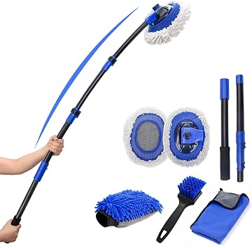 15°Curved Car Wash Brush with Long Handle Kit, 55-Inch 4-Section Extendable Pole with Replacement Head, Chenille Mitt, T