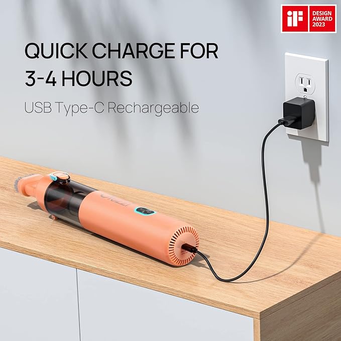 Ofuzzi Day - H8 Apex Cordless Handheld Vacuum Cleaner, 30AW Powerful Suction, 1.2lbs Lightweight, 120ml Dust Cup, Dual Filtration, 30 Mins Runtime, Mini Vacuum for Pet, Home, Narrow Spaces(Orange)