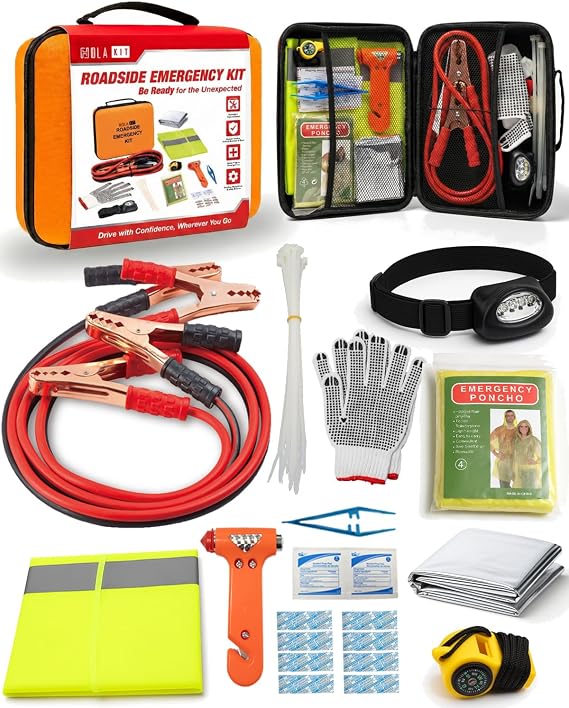 HolaKit Car Emergency Kit – Roadside Safety Kit with Jumper Cables, LED Headlamp, First Aid, EVA Bag, Poncho, Safety Ves