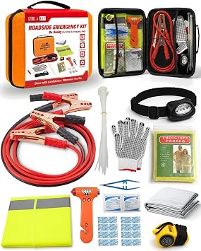 HolaKit Car Emergency Kit – Roadside Safety Kit with Jumper Cables, LED Headlamp, First Aid, EVA Bag, Poncho, Safety Ves