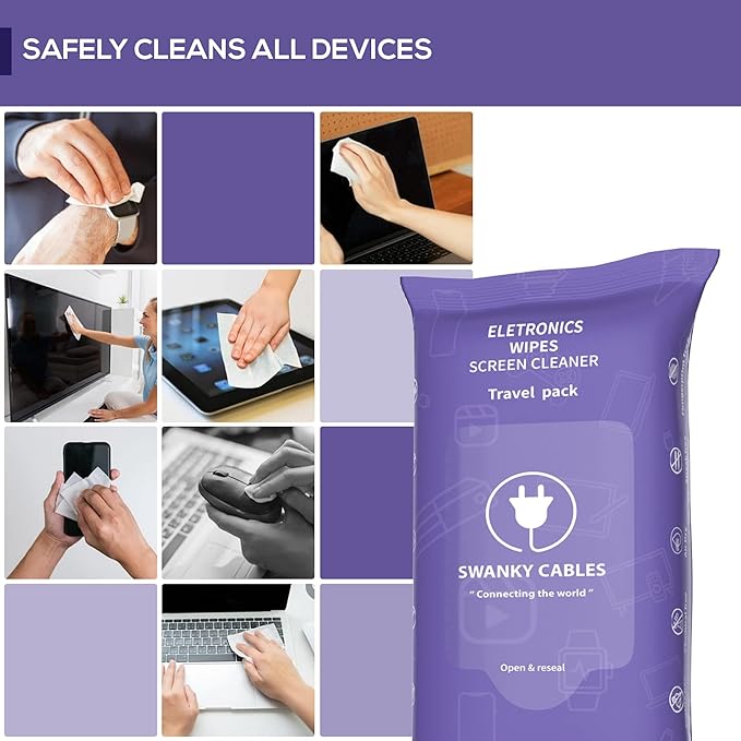 Swanky Cables Screen Cleaner Wipes: Electronic Wipes for Screens - Computer Screen Wipes for Lens, Phone, Tv Screen and Monitor Cleaning - Tech Wipes & Microfiber Cloth (Soft Wipes, 90 Count)