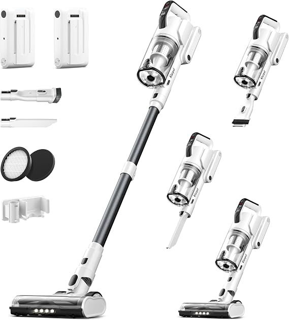 Klarpul Cordless Vacuum Cleaner, 2 Batteries 140 Mins Runtime 600W 50Kpa Stick Vacuum Cordless, Self-Standing Vacuum Cle