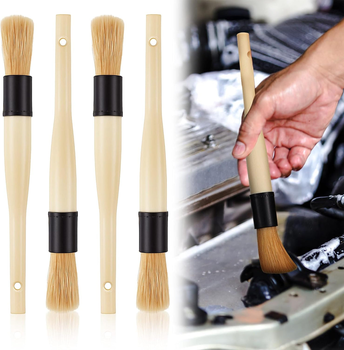 4 Pack Parts Cleaning Brush Home and Auto Use,Boar Bristle