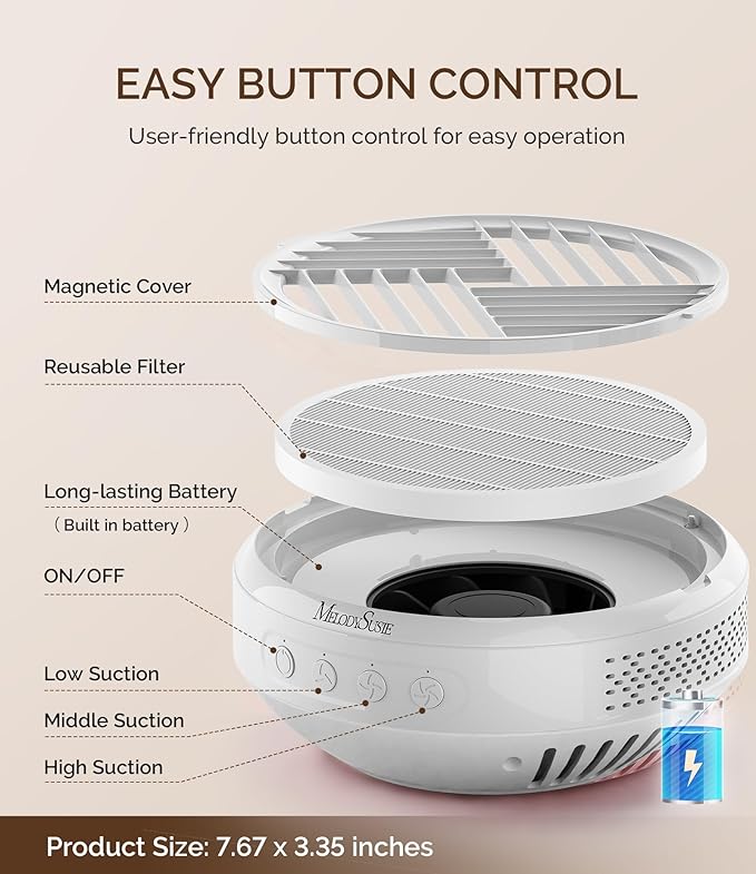 MelodySusie Advanced Cordless Naill Dust Collector, SProR 3500RPM Powerful Portable Nail Vacuum Fan with 3 Suction Modes,Reusable Filter & Low Noise for Mobile Nail Tech, DIY Nail Artist & Home Use