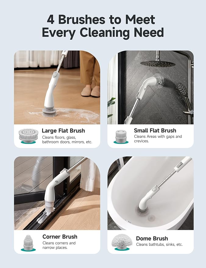 HiCOZY Electric Spin Scrubber HS1, Cordless Shower Scrubber for Cleaning with 4 Replaceable Brush Heads Adjustable Extension Handle, IPX7 Waterproof Cleaning Brush for Bathroom Floor White