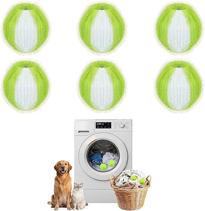 6 Pack Pet Hair Remover for Laundry, Reusable Dog & Cat Hair Catcher, Washer & Dryer Safe Laundry Balls, Anti-Tangle Design, Helps Remove Lint & Fur from Clothes, Bedding & Blankets (Green White)