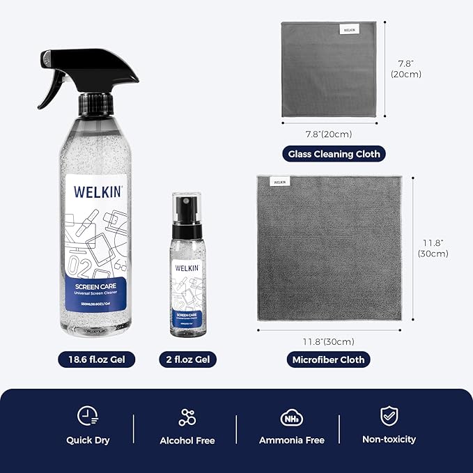 WELKIN Screen Cleaner Spray Kit (550ml + 60ml) - Cleaning Gel for TV, Laptop, Computer, Phone Touchscreen -2 Sprayers，1 Microfiber Cloth & 1 Glass Wipe