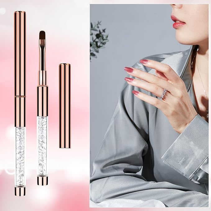 Hariendny 2Pcs Oval UV Gel Nail Brush Rhinestone Handle Nail Art Design Brushes Nail Drawing Pen Gel Brushes for Nails, rose gold