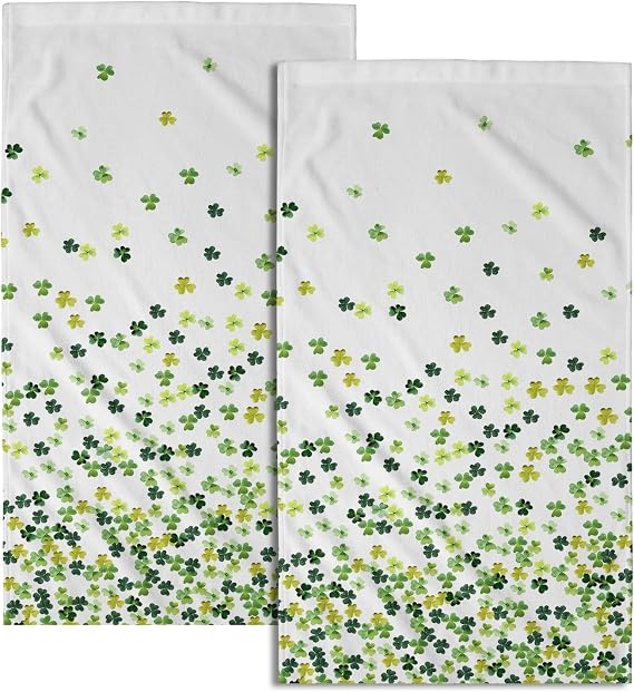 Green Clover Shamrocks Hand Towels Set of 2, Irish Lucky St. Patrick's Day Microfiber Absorbent Kitchen Bathroom Face Te