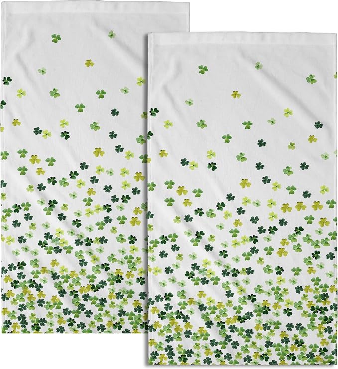Green Clover Shamrocks Hand Towels Set of 2, Irish Lucky St. Patrick's Day Microfiber Absorbent Kitchen Bathroom Face Te