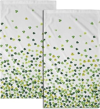 Green Clover Shamrocks Hand Towels Set of 2, Irish Lucky St. Patrick's Day Microfiber Absorbent Kitchen Bathroom Face Te