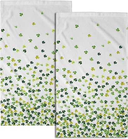 Green Clover Shamrocks Hand Towels Set of 2, Irish Lucky St. Patrick's Day Microfiber Absorbent Kitchen Bathroom Face Te