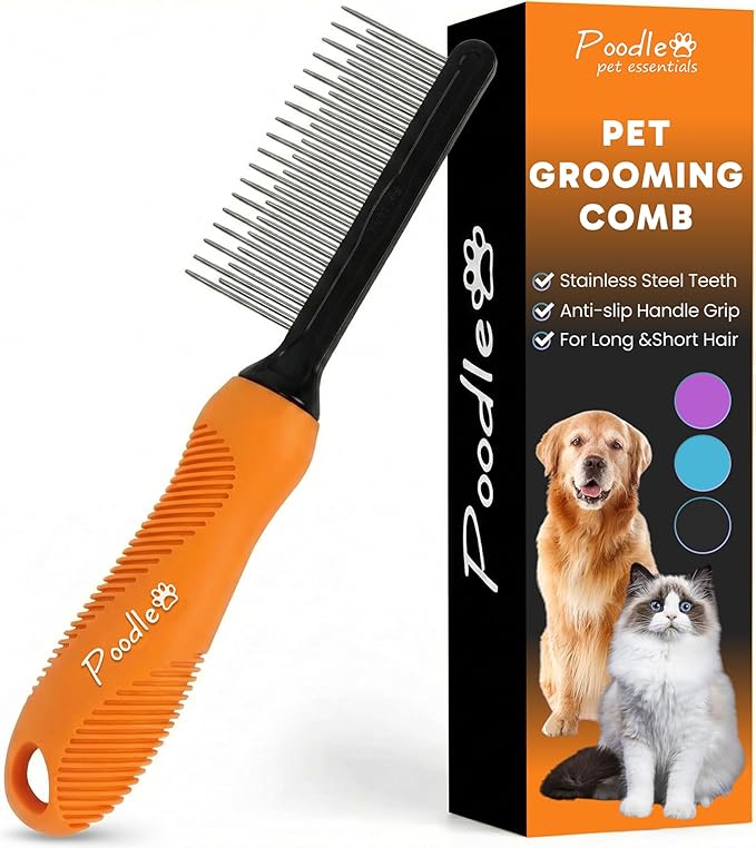 Poodle Grooming Comb - Metal Dematting Comb with Long & Short Stainless Steel Teeth for Removing Matted Hair & Knots, Safe and Gentle for Dogs & Cats (Orange)
