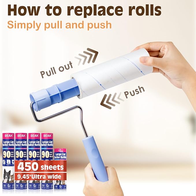 Large Lint Roller for Pet Hair Extra Sticky,10 Years Lifespan,9.45''/6.3" Pet Hair Removal Tool Roller for Dog Cat Hair,450 Sheets/5 Refills,Detachable Telescoping Extension Large Lint Roller