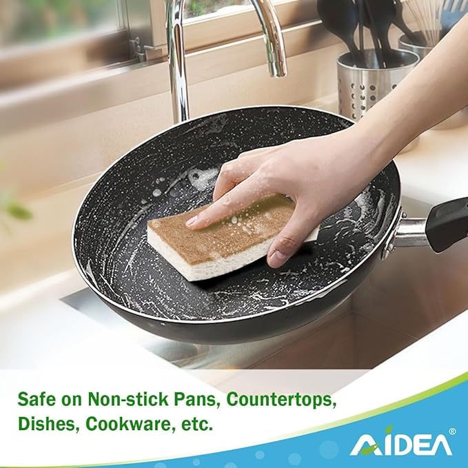 AIDEA Sponges Non Scratch, 6Count, Natural Sponge for Non Stick Cookware, Sponges Kitchen, Cellulose Scrub Sponge for Dishes, Cleaning Power for Kitchen, Bathroom, Household