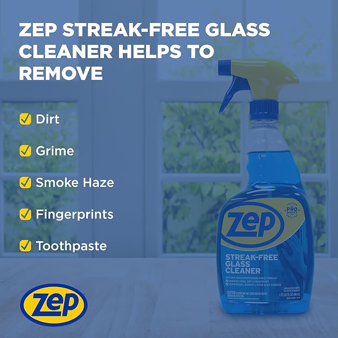 Zep Streak-Free Glass Cleaner - 32 Oz (Case of 12) ZU112032- Professional Grade Formula that Cleans Dirt, Fingerprints, Grime, Smoke Haze, and Toothpaste on Windows, Mirrors, and Other Glass Surfaces