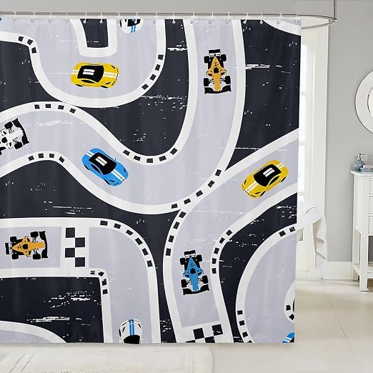 Manfei Road Traffic Fabric Shower Curtain,Racing Car Track Extreme Sports Shower Curtain for Bathroom,Construction Vehic