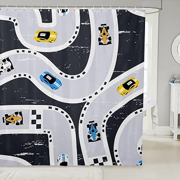 Manfei Road Traffic Fabric Shower Curtain,Racing Car Track Extreme Sports Shower Curtain for Bathroom,Construction Vehic