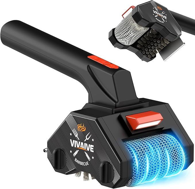 Dual-Head Electric Grill Cleaning Brush, Chain Roller and Wire Brush, Cordless and Rechargeable, BBQ Cleaner, 304 Stainless Steel No Bristle Shedding Cordless