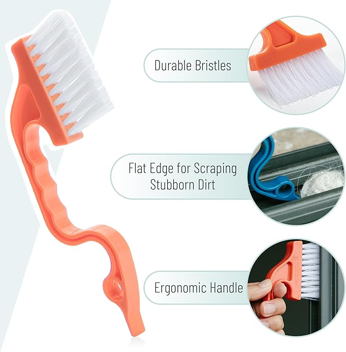 Slick- Window Track Cleaning Brush, 2 Pack, Navy Blue/Orange Ergonomic Handle, Built-in Scraper, Multipurpose, Window Track Cleaning Tools