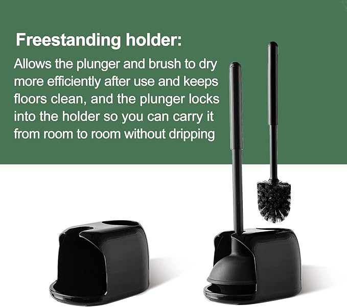 Eyliden Toilet Plunger and Brush Set | 2-in-1 Bathroom Cleaning Tools with Holder | Unclogs Toilets, Deep Cleans Bowls | Compact Caddy Stand | Nylon Bristles, Durable Plastic, Black