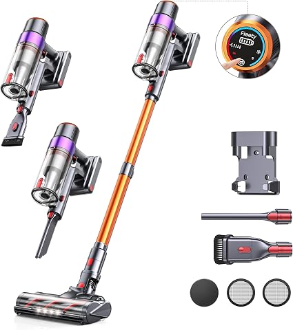 Fieety Cordless Vacuum Cleaner, 550W 45KPA 60Mins Cordless Stick Vacuum Cleaner with Rechargeable Battery, LED Touch Dis