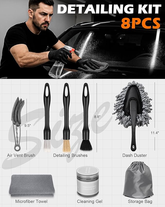 8PCS Car Interior Detailing Kit - 200g Cleaning Gel (185% More Than 70g), Ultra-Soft Detailing Brush Set, Dash Duster, Air Vent Brush, Microfiber Towel | Car Cleaning Supplies Gift for Men