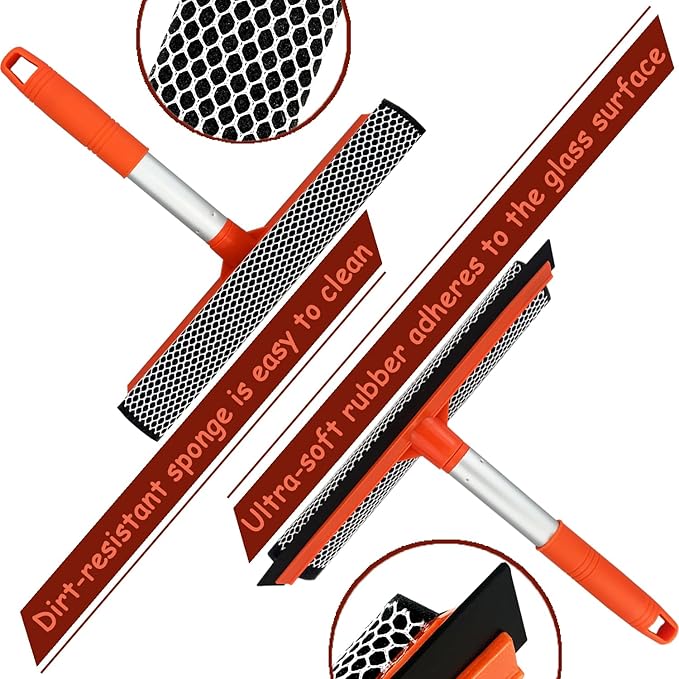 Shower Squeegee Window Squeegee Cleaner for Shower Doors Glass, 2 in 1 Window Cleaning Tool Window Scrubber Handheld Squeegee for Car Windshield with Sponge and Rubber Squeegee, Red