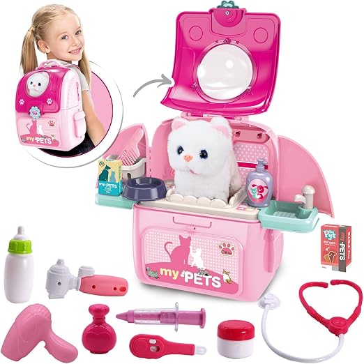 Pet Cat Carrier Backpack Toy, MAGIC4U 23PCS Pet Care Playset,Vet Clinic and Doctor Kit for Kids, Pet Veterinarian Medica