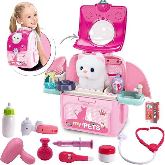 Pet Cat Carrier Backpack Toy, MAGIC4U 23PCS Pet Care Playset,Vet Clinic and Doctor Kit for Kids, Pet Veterinarian Medica