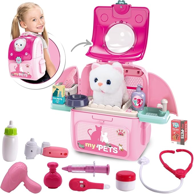 Pet Cat Carrier Backpack Toy, MAGIC4U 23PCS Pet Care Playset,Vet Clinic and Doctor Kit for Kids, Pet Veterinarian Medica