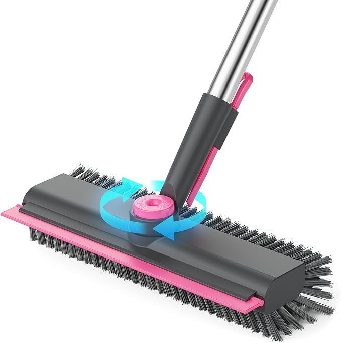 Floor Scrub Brush with Long Handle, 3 in 1 Multi-angle Swivel Right Angled Bristle Floor Scrubber Brush with Squeegee and Tweezer for Tile Wall Deck Bathroom Patio Garage Kitchen (Pink and Grey)