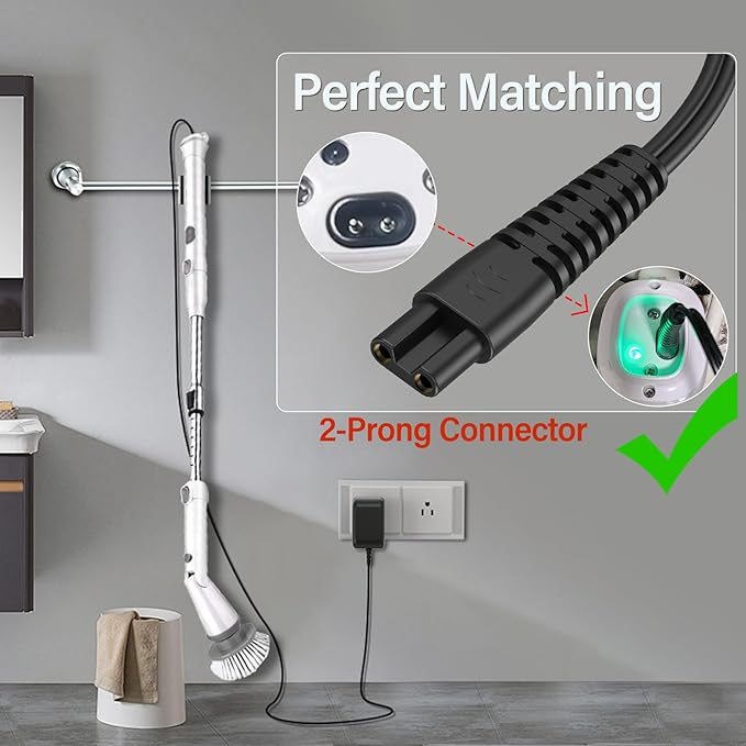 9V Scrubber Charger Fit for Homitt HM115C Electric Spin Scrubber, Power Cord AC Adapter for Homitt Cordless Bathroom Scrubber HM204C HM115CD HM115CG HM115CW Cleaning Brush, 2 Prong Charging Plug Cable