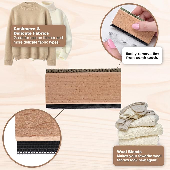 Cashmere Comb Double Sided Sweater Shaver Snag Repair Tool Kit with Snag Repair Needles Latch Hook Multifunction Fabric Clothes Shaver Travel Pilling Remover(Beech)