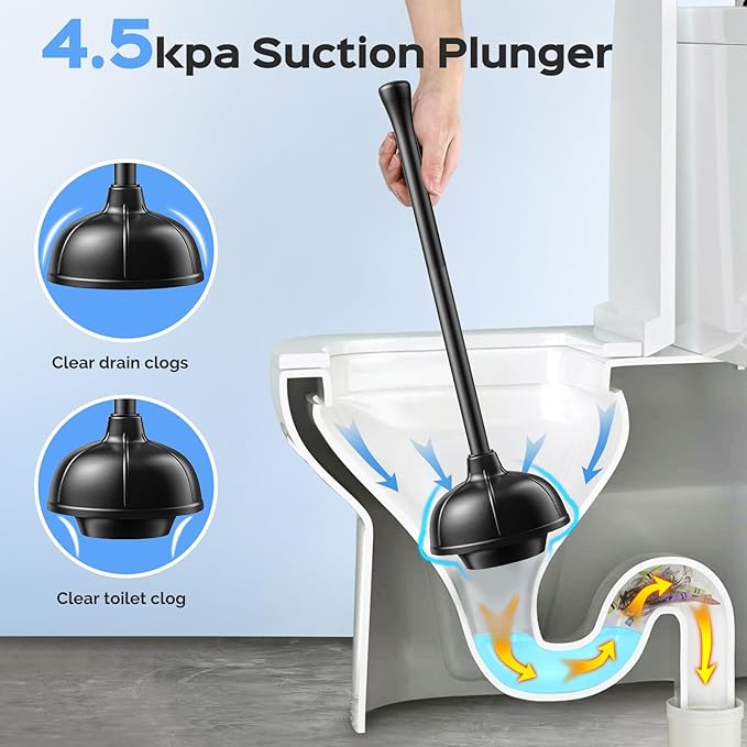 HAMITOR Toilet Plunger and Brush Set: 2 in 1 Stainless Steel Combo with Curved Bristles - Heavy Duty Toilet Unclogging for Family Bathroom - Compact Hideaway Apartment Cleaning Accessories - Black