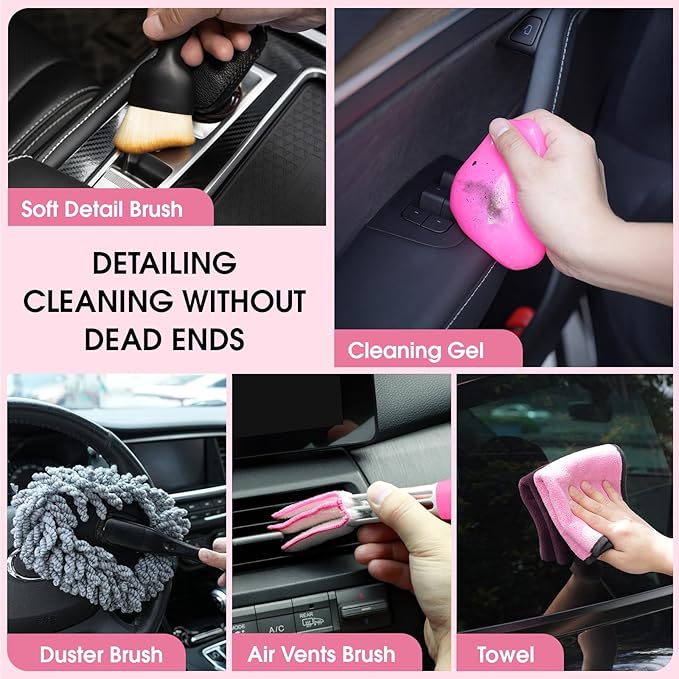 25pcs Car Cleaning Kit, Pink Interior Detailing Kit with High Power Vacuum Portable Cordless, Handheld Vacuum Cleaner for Home, Car, Pet Hair, Keyboard, Complete Auto Accessories for Gift