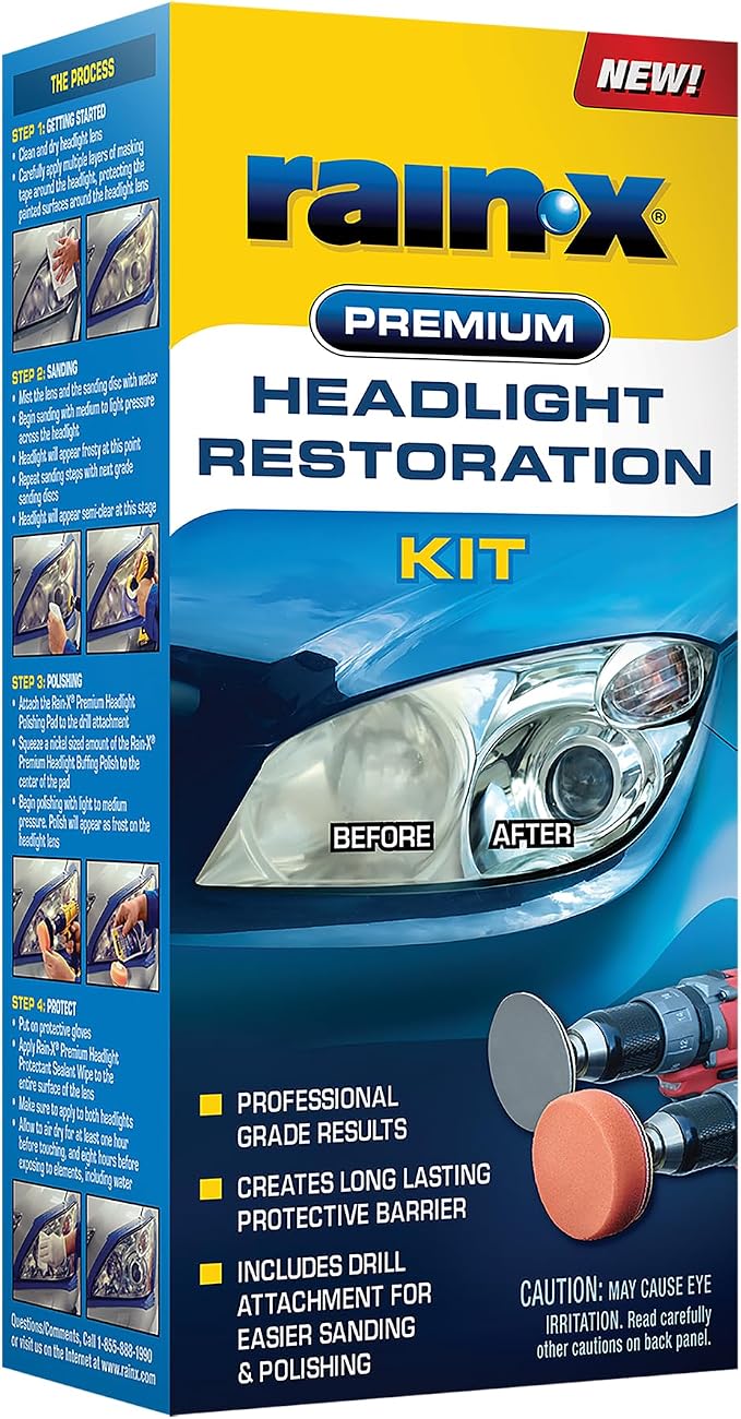 Rain-X 610153 Headlight Restoration Kit - Car Light Lens Cleaner/Restorer with Sanding & Polishing Drill Attachments & S