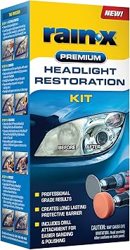 Rain-X 610153 Headlight Restoration Kit - Car Light Lens Cleaner/Restorer with Sanding & Polishing Drill Attachments & S