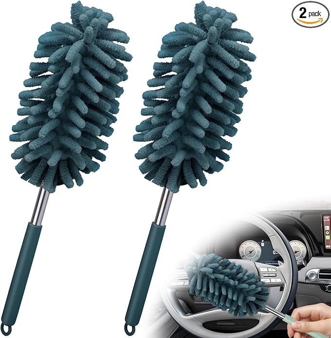2 PCS Car Interior Duster with Extension Pole, Microfiber Car Dusters with Bendable Head, Cars Duster Exterior&Interior Scratch Free, for Cleaning of Vehicle Details, Offices, Window(Nude Blue)