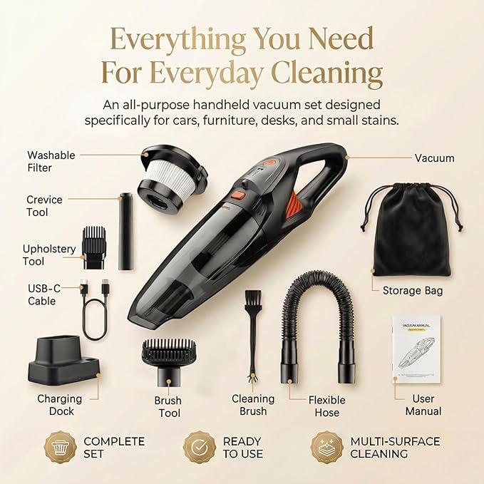 Handheld Vacuum Cordless, 25000Pa Powerful Suction Car Vacuum Portable Cordless with 8000mAh Battery & LED Light, Hand Held Vacuum Rechargeable with HEPA Filters, Home, Car Seats, Pet Hair Orange