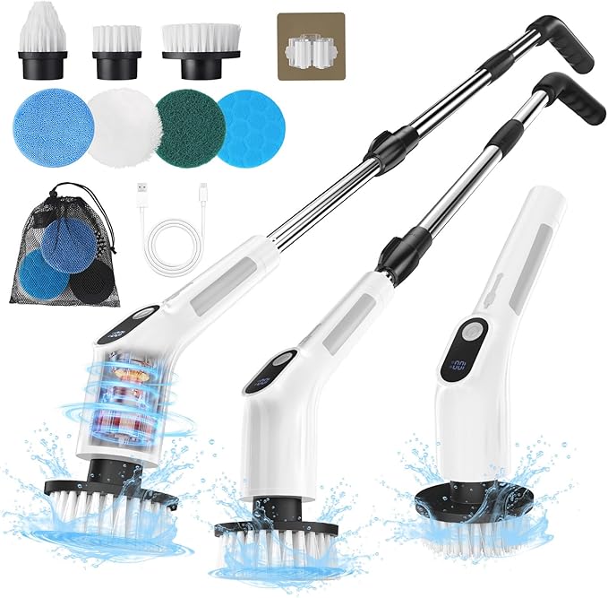 Electric Spin Scrubber for Cleaning - Upgraded Cordless Cleaning Brush Scrubber - IPX7 Waterproof Power Scrubber with 7 Brush Heads, Extended Handle and 2 Speeds for Bathroom Shower Bathtub Floor