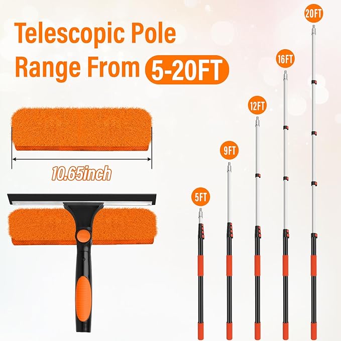 26FT Telescoping Window Squeegee Kit | 2-in-1 Professional Window Washer & Microfiber Scrubber with Extension Pole | High Reach Cleaning Tool for Outdoor, Indoor Windows & Glass