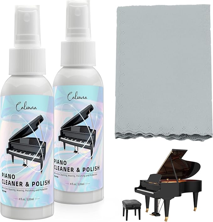 Calvana (2-Pack) 2-in-1 Piano Cleaner and Polish Kit, Includes 12x12 Microfiber Cleaning Cloth, Piano Accessories for Most Piano Surfaces, Grand Piano, Digital Piano, Baby Grand Piano, Violin, 4 OZ×2