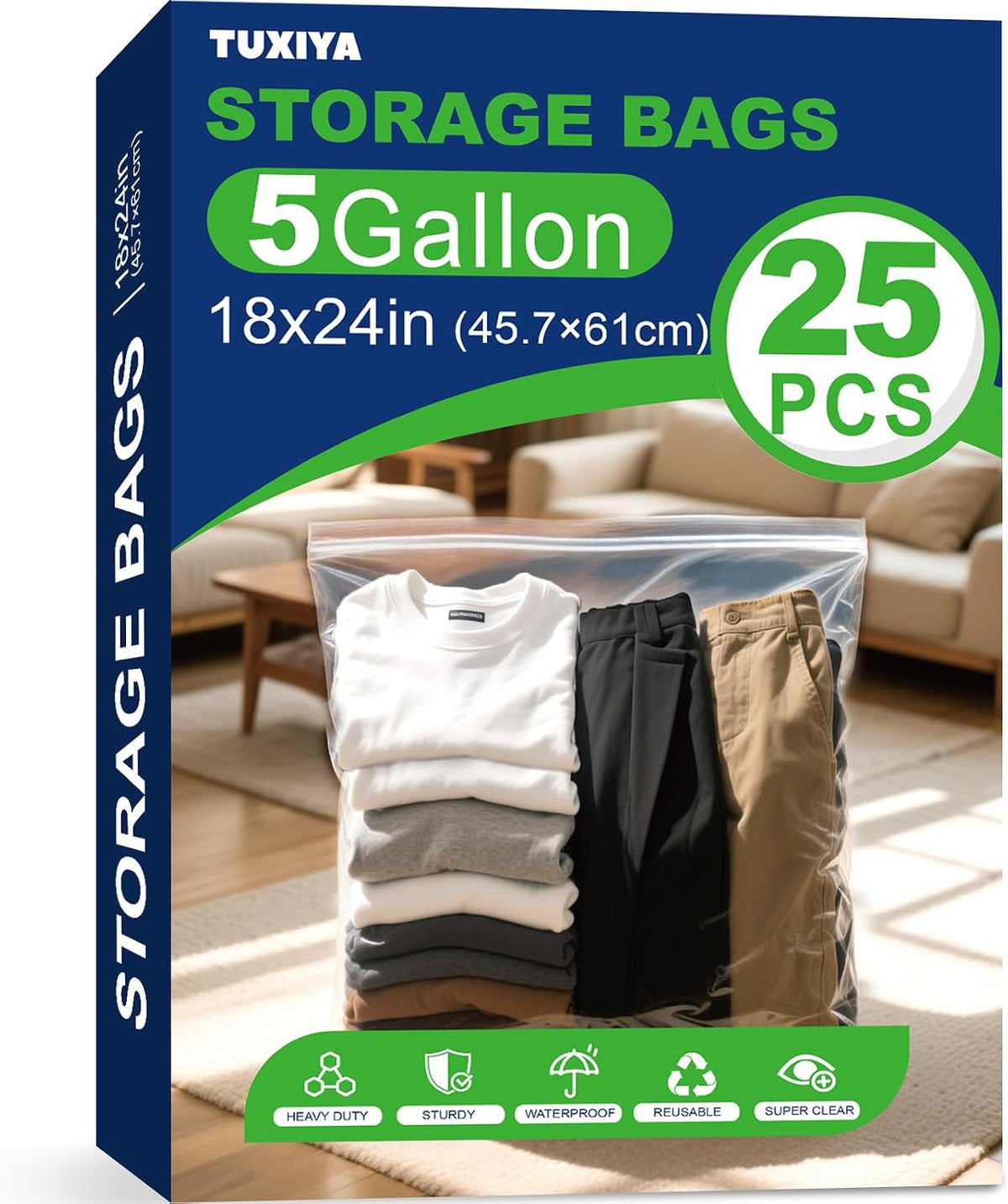 25PACK 5 Gallon Large Zipper Bags for Storage 18" x 24" Storage Bags