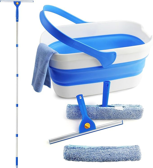 Window Cleaning Kit with Collapsible Bucket 3 Gallon, 14" Window Squeegee and 15" Scrubber with 61" Long Handle, Professional Window Washing Kit Cleaner Tool for Home Outdoor Office Commercial Use