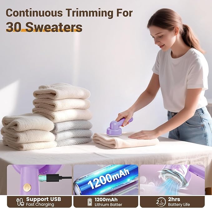 DBC Fabric Shaver & Lint Remover for Clothes, Sweaters & Furniture - 6-Leaf Blade, 3 Speeds, 2H Runtime, Portable Design Perfect for Travel, Includes 2 Extra Blades - Purple