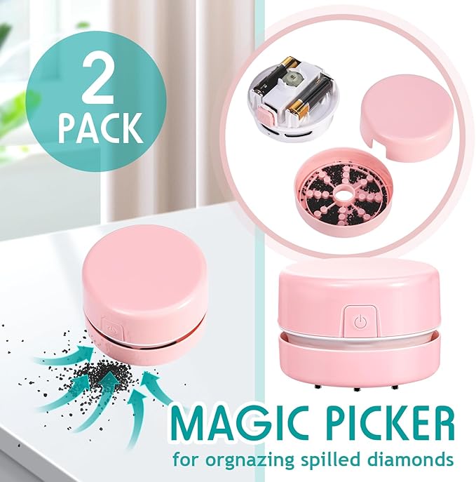 Honoson 2 Pcs Diamond Painting Tool Drill Quicker Picker for Spilled Diamonds 5d Painting Accessories Vacuum Cleaner Mini Table Desktop Sweeper Organizer Clean Art Beads Crumb(Pink)